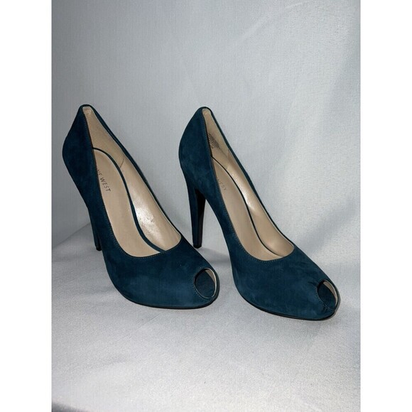 Nine West Peep Toe Dark Turquoise High Heels Womens Sz 10 Leather Upper - Picture 6 of 9